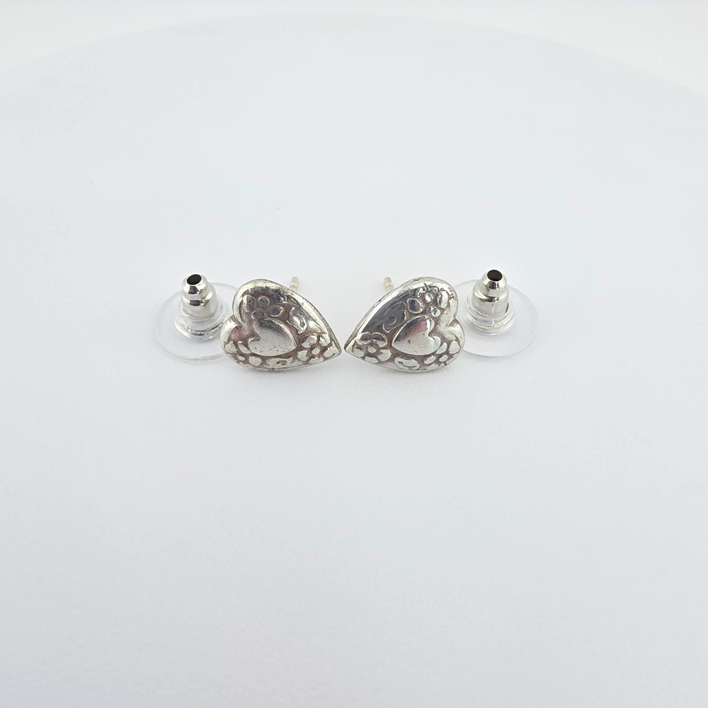 BRIGHTON 'Petite Heart' Earrings Polished Heart Floral Border Silver Plate